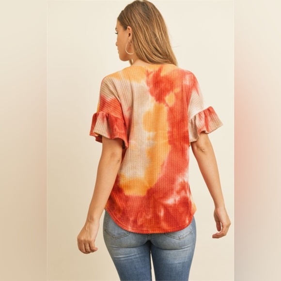 S M XL CRISS CROSS NECK RUFFLE SLEEVE TIE DYE WAFFLE TOP - Picture 3 of 6